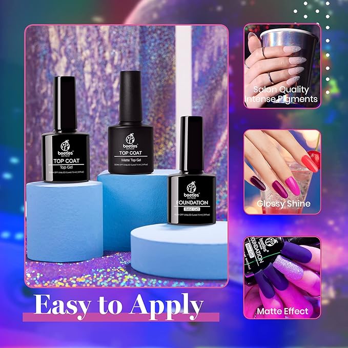 Beetles 20 Colors Gel Nail Polish Kit Midnight Euphoria Collection 23 Pcs Purple Blue Hot Pink Glitter Gel Polish Set Rainbow Soak off Uv Glossy & Matte Top Base Coat Gift for Women-VivaGrace Women
