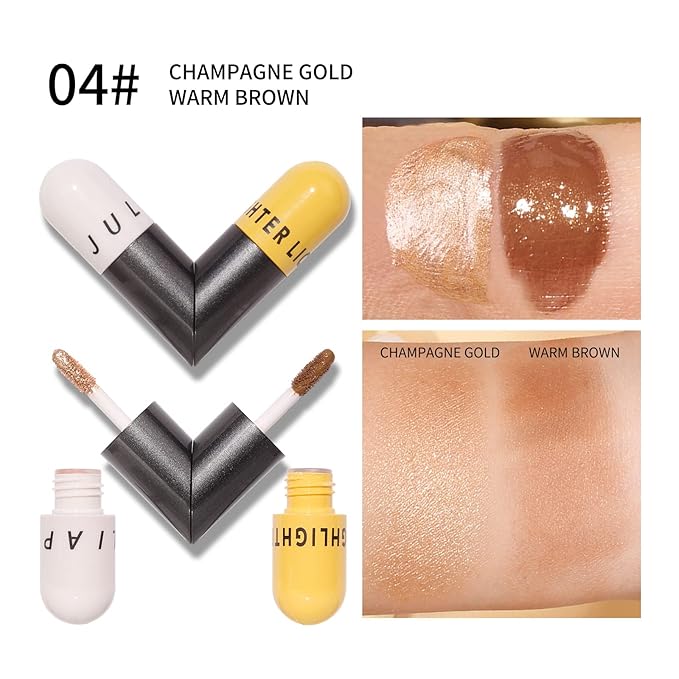AKARY Liquid Highlighter Makeup for Face Body, Contour Foundation Illuminator Boom Stick, Two-color Highlight Shade Longwear Shimmer Glow Makeup, Valentine's Day gift (04 Champagne Gold + Warm Brown)-VivaGrace Women