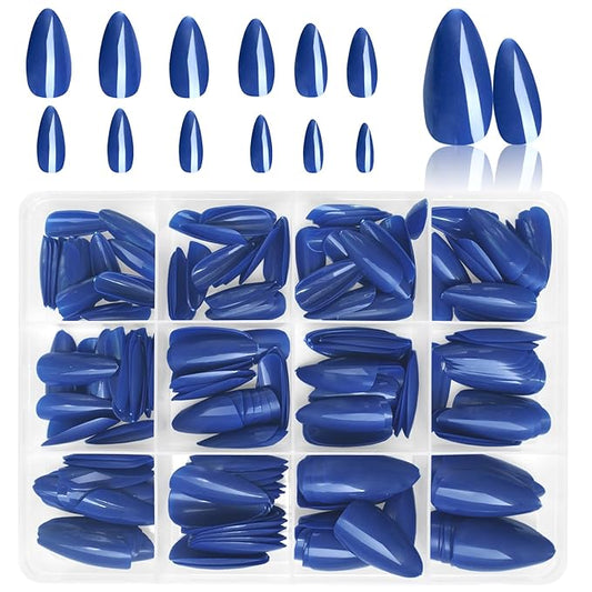 LoveOurHome 240pc Almond Press on Nails Medium Length Blue Fake Nail Tips Full Cover Artificial Fingernail French Short Stiletto Glue Nail Press ons with Adhesive Tabs for Women Girls
