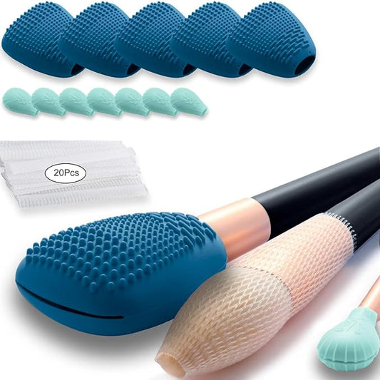 Silicone Travel Make-up Brush Holder with Cleaner Mat Pad, Organizer Case Covers for Foundation Eye Lip Brushes Storage Cleaning, Gift for Women Girl-friend Mother Wife, 5-Pcs Large + 7 Small, Blue-VivaGrace Women