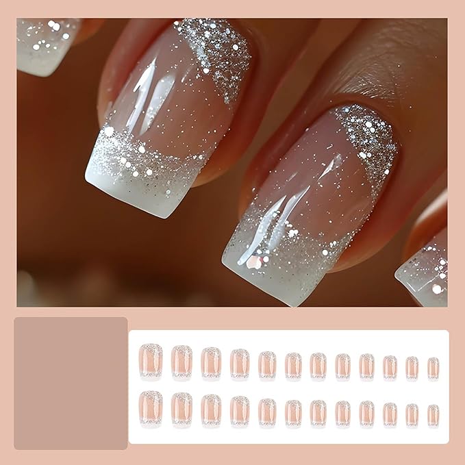 Press on Nails White French Tip Fake Nails Square Medium Length False Nails with Silver Glitter Designs Ombre Glossy Artificial Nails Acrylic Glue on Nails Natural Stick on Nails for Women