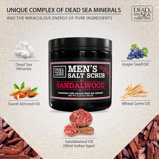 Salt Body Scrub Sandalwood For Men – Moisturizes, Exfoliates & Nourishes Skin – Cleanses & Detoxifies with Dead Sea Minerals - Dead Sea Collection – 23.28 OZ-VivaGrace Women