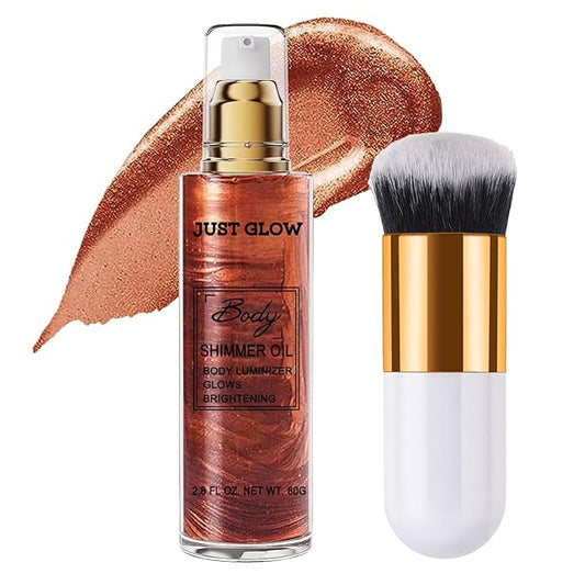 Shimmer Body Oil, Face and Body Liquid Luminizer Waterproof Moisturizing, Light Shimmer Glow Illuminator, Smooth Body Highlighter Makeup Liquid Body Shimmer (3# Bronze Gold)-VivaGrace Women