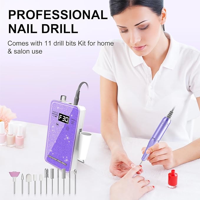 Professional Electric Nail Drill File:COSYGLOW Glitter Portable Cordless E-File Nail Drill Kit with 11 Drill Bits,30000 RPM Rechargeable Nail Drills Machine for Acrylic Nails Gel Polishing(Purple)-VivaGrace Women