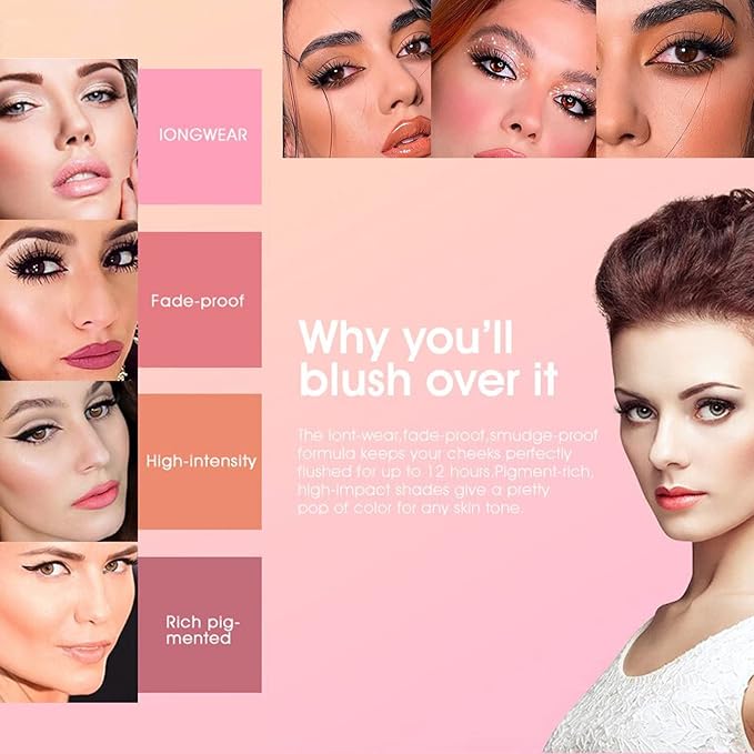 12 Colors Blush Palette,Highlighter Blush Powder Makeup,Long-Wearing,Smudge Proof,Natural-Looking,Blendable Cruelty-Free Matte Finish,Contour and Highlight Blush Palette Face Cosmetics Makeup-VivaGrace Women