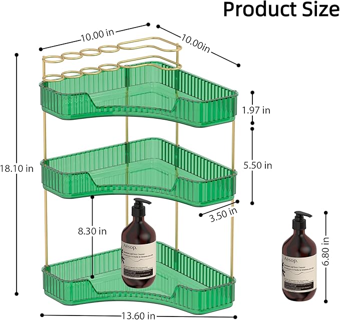 3 Tier Corner Bathroom Organizer Countertop, Vanity Makeup Organizer with Brush Holder, Space-Saving Skincare Storage Corner Shelf for Bathroom, Dressing Table, Kitchen-VivaGrace Women