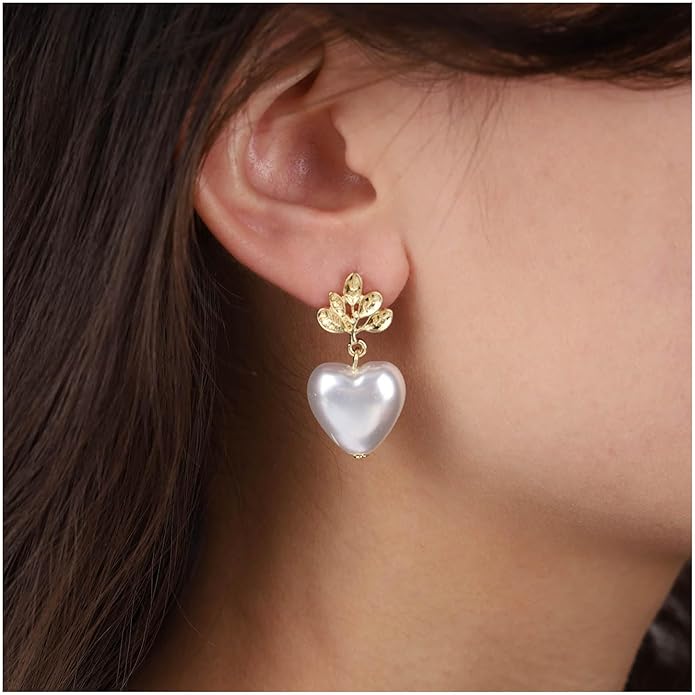 Vintage Pearl Heart Drop Earrings Gold Leaf Pearl Earrings White Pearl Heart Earrings Bridal Pearl Stud Earrings Jewelry for Women-VivaGrace Women