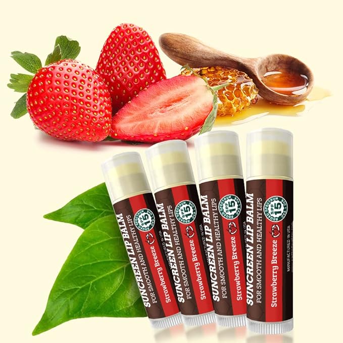 SPF Lip Balm 4-Pack by Earth's Daughter - Lip Sunscreen, SPF 15, Organic Ingredients, Strawberry Flavor, Beeswax, Coconut Oil, Vitamin E - Hypoallergenic, Paraben Free, Gluten Free-VivaGrace Women
