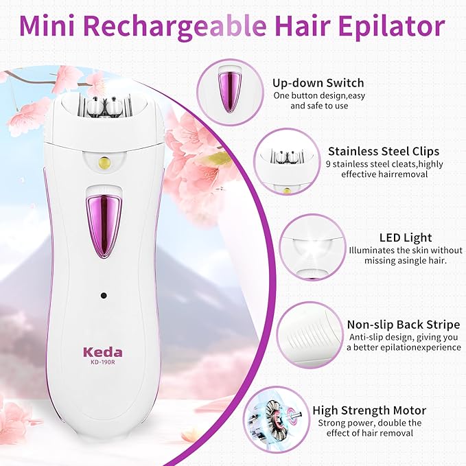 Smooth Glide Epilators Hair Removal for Women, Rechargeable Epilator, Portable Glamorous Skin Epilator for Women Face with LED Light, Hair Removal Device for Armpits/Bikini Line/Chin/Arms/Legs-VivaGrace Women