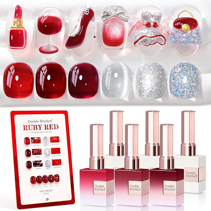 Double Rhythm 6 Pcs 15 ML Gel Polish Set Same Color Same Bottle Soak Off Gel Polish Kit Nail Art Manicure Salon DIY at Home for Women (Jelly Burgundy Red Glitter Silver -T6-56)-VivaGrace Women