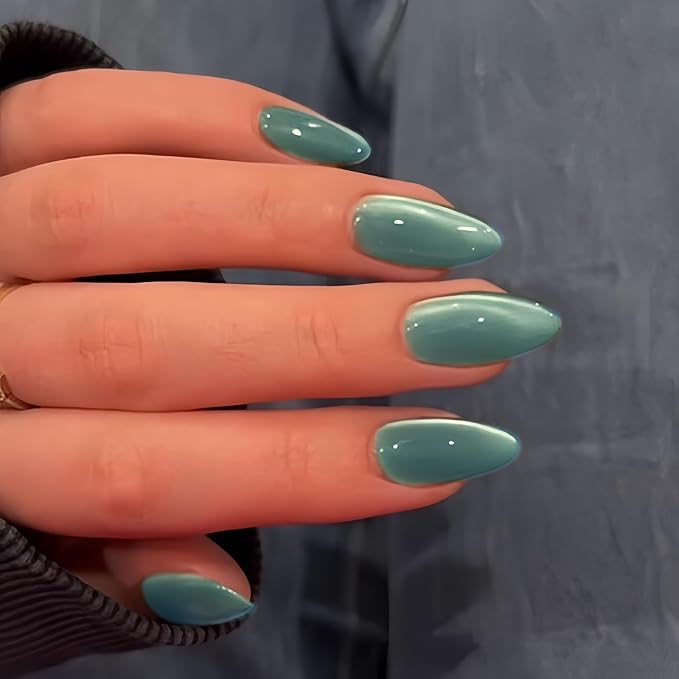 KQueenest Cat Eye Teal Blue Green Press on Nails Almond Shape, 30 Pcs Glitter Fake Nails Medium, Thick Sparkly Glass Nails Press on, Shiny Acrylic Nails, Cute Bling Stick on Nails for Women