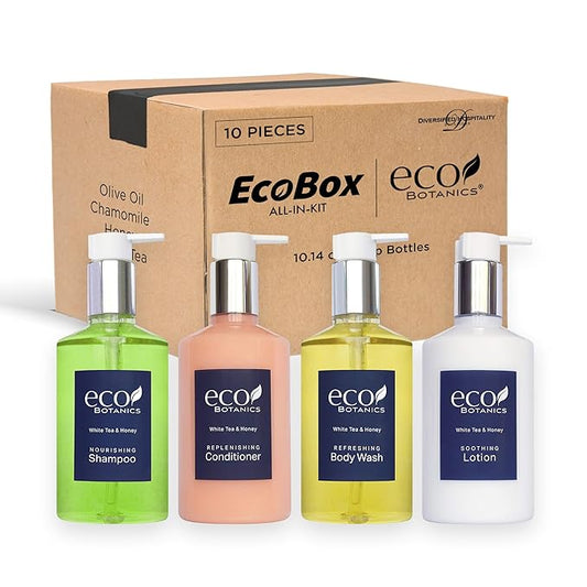 1-Shoppe Eco Botanics 10 Piece Ecobox All-In-Kit | White Tea and Honey Soap | 3 Shampoo, 2 Conditioner, 3 Body Wash & 2 Lotion | 10.14oz Hotel Soaps and Toiletries Bulk | Personal Care Products-VivaGrace Women