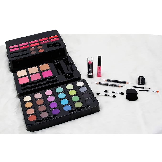 55pcs Makeup Gift Set Kit Train Case With Extendable Trays (eyeshadow, Blushes, Lipstick & More) - Vmk1304, White Glitter-VivaGrace Women