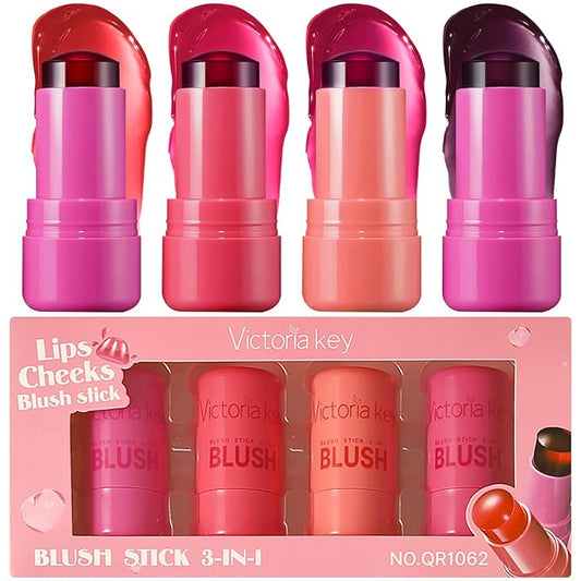 4 Pcs Jelly Blush Stick,Sheer Lip & Cheek Stain Makeup Cooling Water Jelly Tint, Multiple Use Long Lasting Jelly Texture Non-Stick Blush for Cheeks, Pigmented Waterproof Makeup Blush-VivaGrace Women