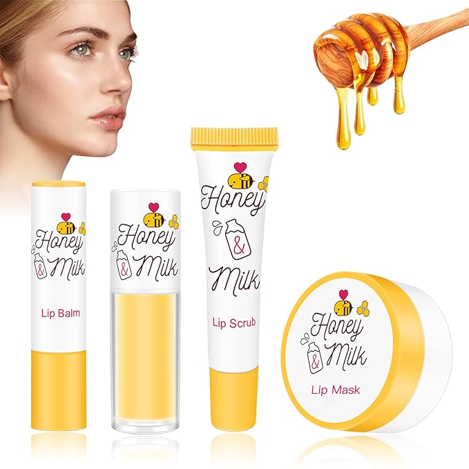 4 Piece Honey Milk Lip Mask Lip Balm Lip Scrub Lip Oil Lip Care Kit, Moisturizing & Nourishing Dry and Cracked Lips, Overnight Sleeping Lip Exfoliator Lip Moisturizer Lip Repair-VivaGrace Women