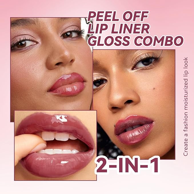 Dual-Ended Peel Off Lip Stain Liner, Long Lasting Waterproof Peel Off Lip Liner Tattoo with Nourishing Clear Gloss Combo Set, Transfer-Proof Non-Stick Cup Shiny Lips Tint Lipstick Makeup07-VivaGrace Women