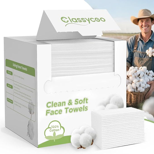 Classycoo 100% USA Organic-Cotton Disposable Face Towel, Ultra-Soft for Sensitive-Skin Facial Wipes Cleansing Towels, Odor-Free, Makeup Remover Cloths for Travel, Beauty, Home Hand Dry Wipe(50 Count)