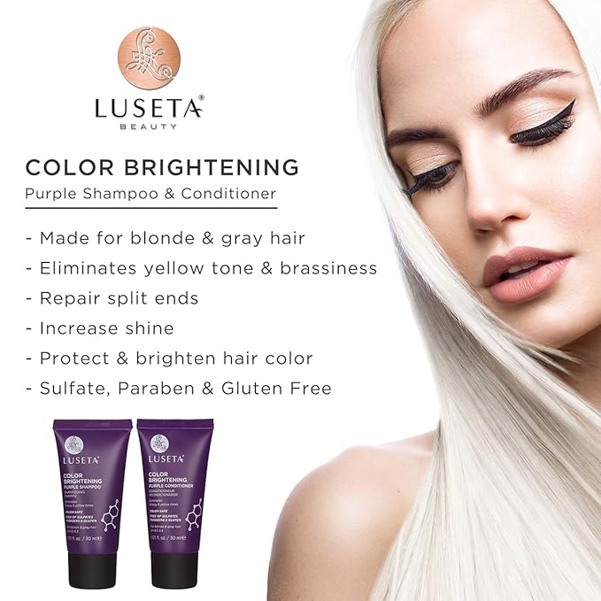 Luseta Color Brightening Purple Shampoo and Conditioner Travel Kit for Blonde and Gray Hair -Infused with Cocos Nucifera Oil to Help Nourish, Moisturize and Condition Hair, 2x1.01oz-VivaGrace Women