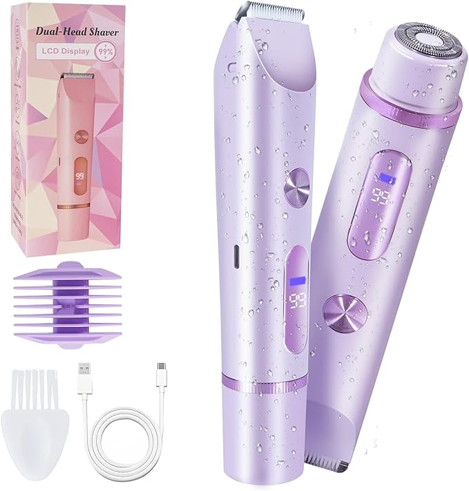 Bikini Trimmer for Women Electric Razors for Women Women's Electric Razor 2 in 1 Shaver Pubic Hair Trimmer Ipx7 Waterproof Wet Dry Use Bikini Shaver for Ladies Pubic, Legs, Face, Underarms (Purple)-VivaGrace Women