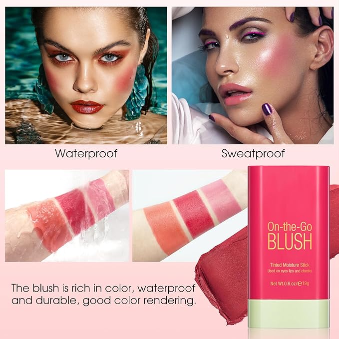 Blush Stick for Cheeks - Cream Makeup Blush Wand, Solid Moisturizer Stick for Cheeks Tint, Natural Blendable Waterproof Korean Matte Long-Lasting Smooth Blushes (#02 Hot Red)-VivaGrace Women