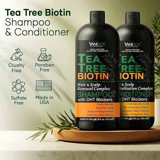 Tea Tree Oil Shampoo and Conditioner Set with Biotin, DHT Blockers, Itchy Scalp Relief, Supports Thicker-Looking Hair, Cleanses Dandruff & Buildup, For Men & Women, Made in USA, 16 fl oz Each-VivaGrace Women