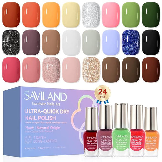 SAVILAND Color Artistry Nail Polish Set: Quick Dry 24 Colors Regular Nail Polish Kit Glitter Pink Red Brown Finger Bulk Fingernail Polish Set Non Gel Castor Oil Vitamin E Nail Lacquer Set Women Home