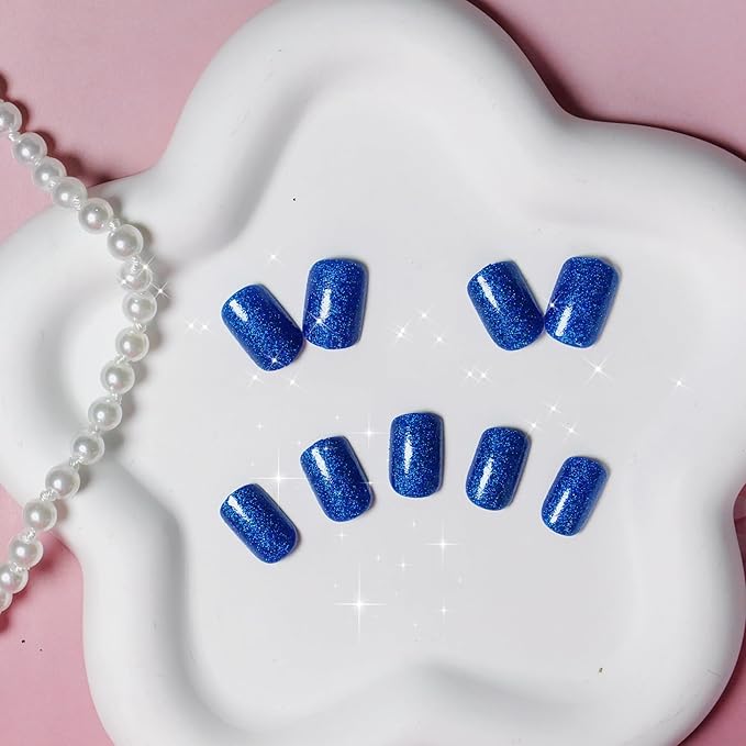 KQueenest Royal Blue Glitter Press on Nails Short Nails Glue On, Sparkle Bling Fake Nails Short, Cute Acrylic Nails Press ons, Luxury Shiny Stick on Nails For Women Festival Decoration in 24 Pcs