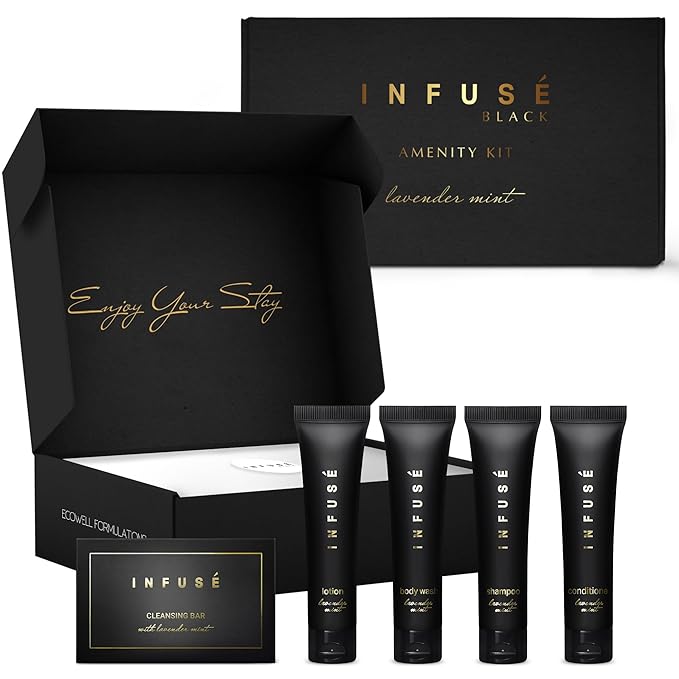 Infuse Black Amenity Kit | Boxed Hotel Toiletries | Bulk Set 1 oz Travel Size Shampoo, Conditioner, Lotion, Body Wash & Cleansing Bar for Guest Hospitality AirBnB/Vacation Rentals | 1 set per case-VivaGrace Women