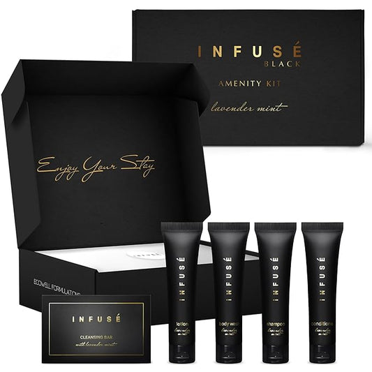 Infuse Black Amenity Kit | Boxed Hotel Toiletries | Bulk Set 1 oz Travel Size Shampoo, Conditioner, Lotion, Body Wash & Cleansing Bar for Guest Hospitality AirBnB/Vacation Rentals | 1 set per case-VivaGrace Women