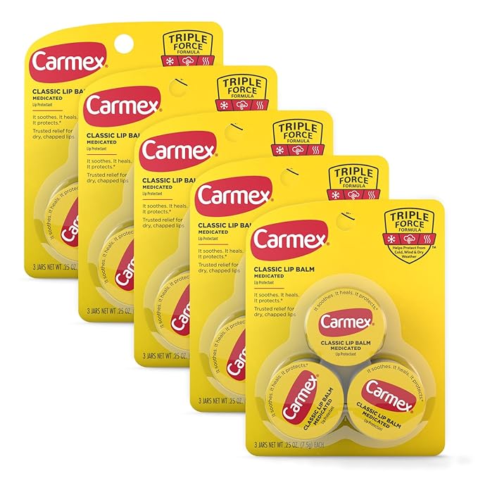 Carmex Medicated Lip Balm Jar, Lip Moisturizer for Dry, Chapped Lips, 0.25 OZ - (5 Packs of 3)-VivaGrace Women