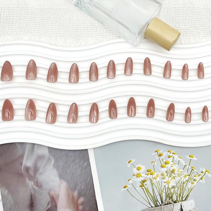 Nude Pink Press on Nails Medium Almond Fake Nails with Cat Eye Designs Glossy Stick on False Nails Acrylic Glitter Glue on Nails for Women