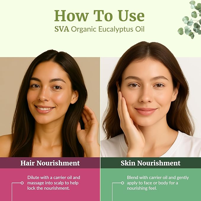 SVA Eucalyptus Essential Oil Organic – 4 Fl Oz – 100% Natural Organic Eucalyptus Oil - for Diffuser, Hair, Face, Skin Care, Aromatherapy, Scalp and Body Massage, Soap and Candle Making - with Dropper-VivaGrace Women