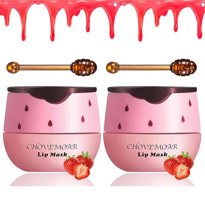 2 PCS Strawberry Lip Mask Lip Balm Honey Pot, Vitamin E & Moisturizing Propolis Sleeping Lip Mask Prevention Dry and Cracked Lip Scrubs Exfoliator (2 strawberry)-VivaGrace Women
