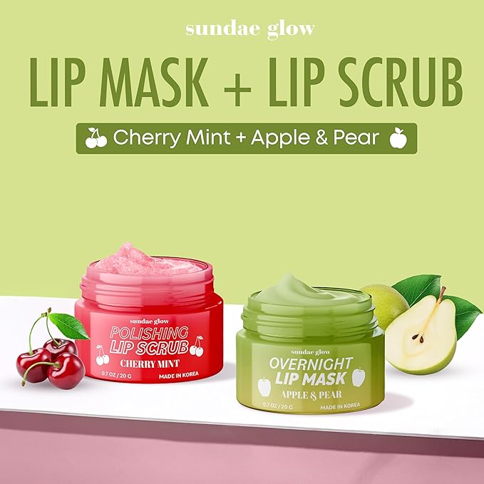 Apple, Pear, Cherry & Mint Lip Mask and Scrub - Dermatologist Tested, Hydrating & Exfoliating, Korean Skin Care, Nourishes, Softens & Brightens Lips - Vegan & Natural - 1 Pack-VivaGrace Women