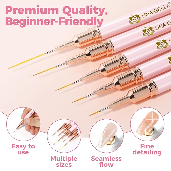UNA GELLA Nail Art Brushes Metallic, 5 Count Liner Pens Set For Nail Art Gel Polish, Detail Nail Art Design Painting Brush Set For Nails Gel Fine Drawing Nail Tools, Sizes 7/9/11/15/25mm-VivaGrace Women