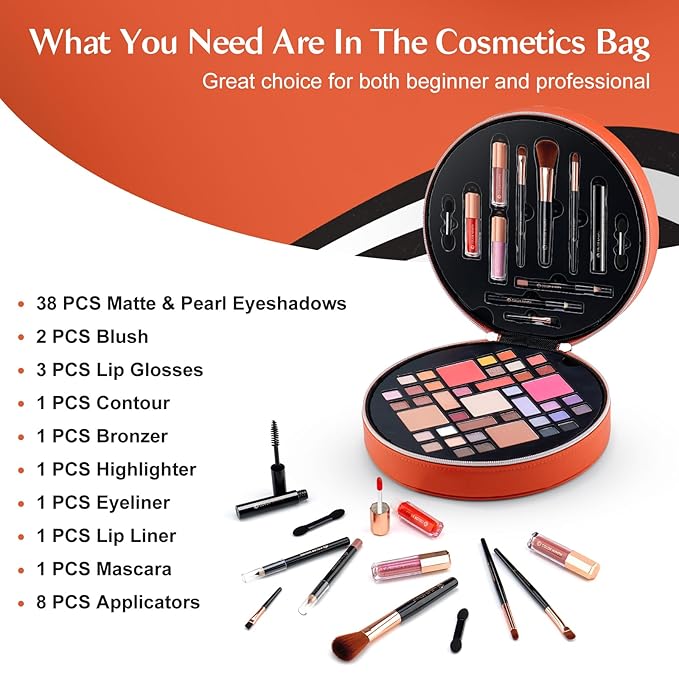 Color Nymph All In One Makeup Kit For Teens With Portable Cosmetics Bag, Multiple Makeups For Begginers As Christmas,New Year,Birthday Gift Included 38-Colors Eyeshadows Lipglosses Brushes(Orange)-VivaGrace Women