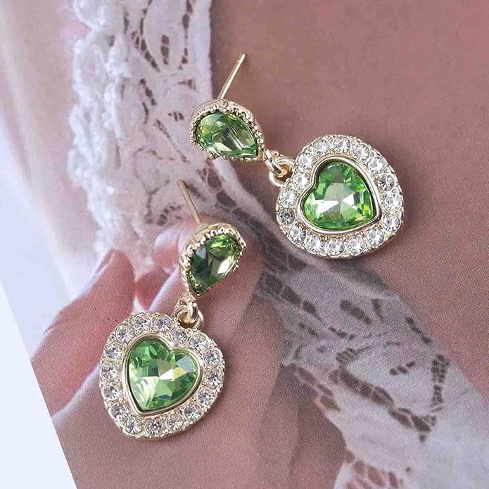 Vintage Emerald Heart Earrings Emerald Cz Teardrop Earrings Rhinestone Heart Drop Earrings Green Gemstone Stud Earrings Jewelry for Women(Green)-VivaGrace Women