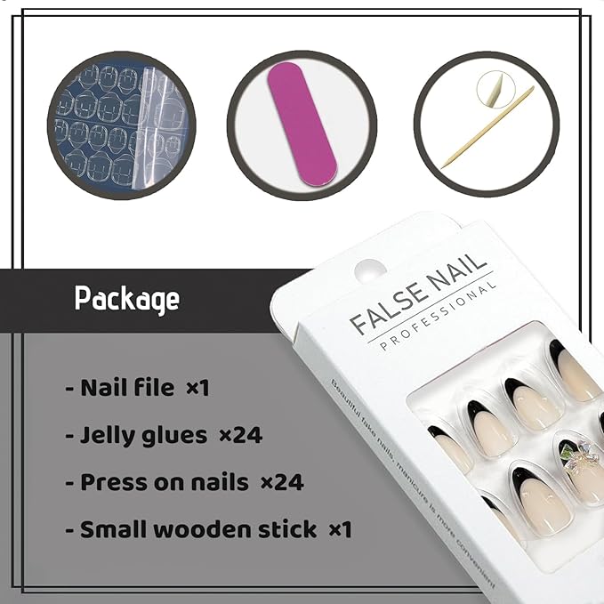 Almond Press on Nails Medium French Tip Fake Nails with Bow Designs Glossy Black Stick on Nails Cute Pearl Glue on Acrylic Nails for Women and Girls