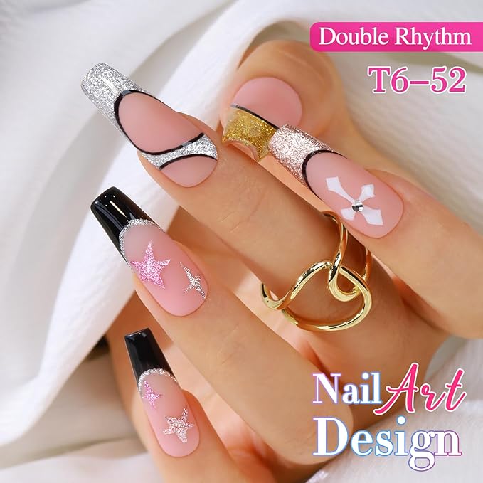 Double Rhythm 6 Pcs 15 ML Gel Liner Polish Nail Art Set Chrome Metallic Glitter Soak Off Gel Polish Kit Nail Art Manicure Salon DIY at Home for Women (Gold Silver Black White-T6-52)-VivaGrace Women