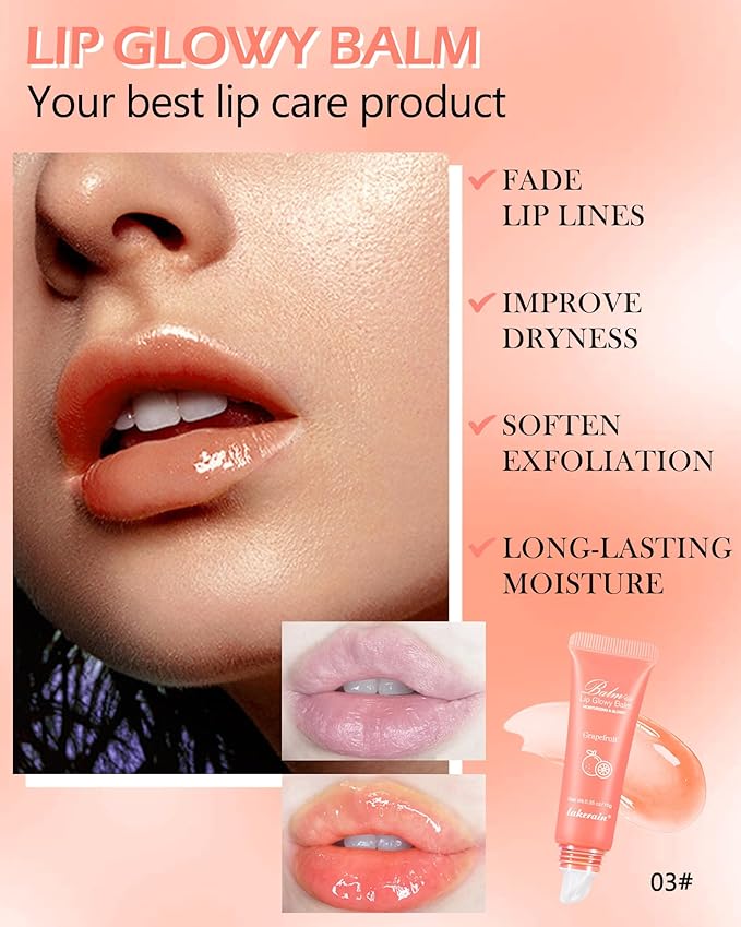 Hydrating Lip Glowy Balm, Ultra-Nourishing Lip Balm for Dry Cracked Lips, Moisturizer Lip Repair Sleeping Lip Mask, Day and Night Lip Care Therapy Treatment,Glossy Smooth Lip Butter Balm-03#Grapefruit-VivaGrace Women