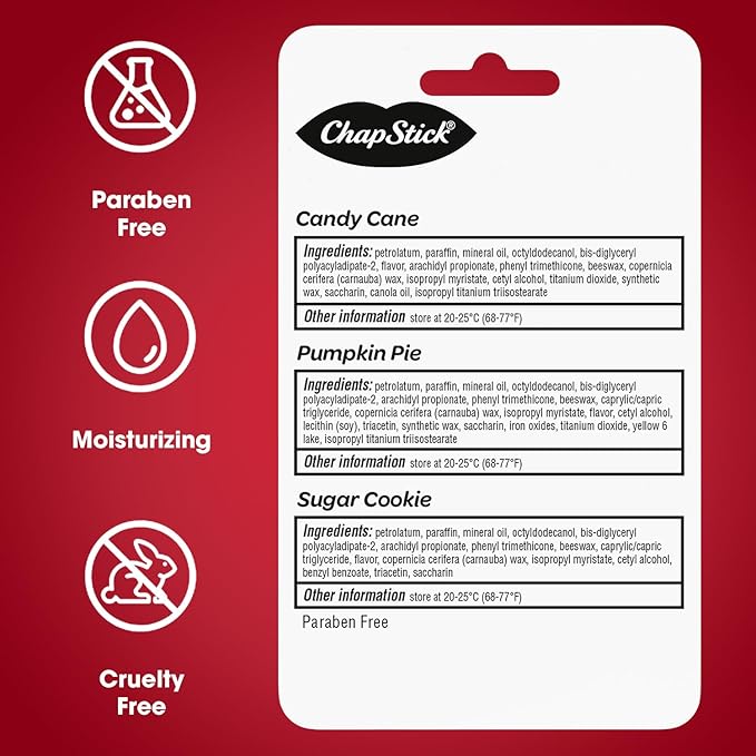ChapStick Holiday Collection - Candy Cane, Pumpkin Pie & Sugar Cookie Flavors - Blister Pack of 3 Sticks 0.15 Each - Pack of 6 = 18 Sticks, Great Holiday Gift 3 Count (Pack of 6)-VivaGrace Women