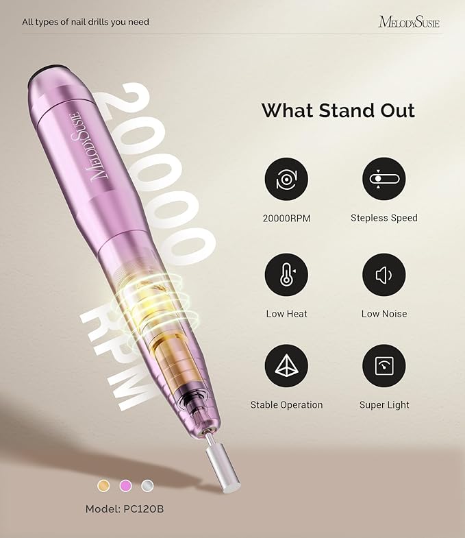 MelodySusie Portable Electric Nail Drill,PC120B Compact Efile Electrical Professional Nail File Kit for Acrylic, Gel Nails, Manicure Pedicure Polishing Shape Tools Design for Home Salon Use, Purple-VivaGrace Women