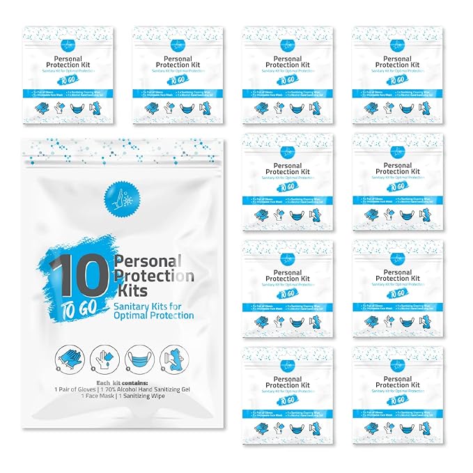 Personal Protection Kit TO GO, Mini 4 Item PPE Kit for travel and school | Includes 1 Each of Face Covering, Gloves, Cleansing Wipes & Hand Cleansing Gel | 10 - Pack (Light Blue)-VivaGrace Women