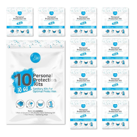 Personal Protection Kit TO GO, Mini 4 Item PPE Kit for travel and school | Includes 1 Each of Face Covering, Gloves, Cleansing Wipes & Hand Cleansing Gel | 10 - Pack (Light Blue)-VivaGrace Women