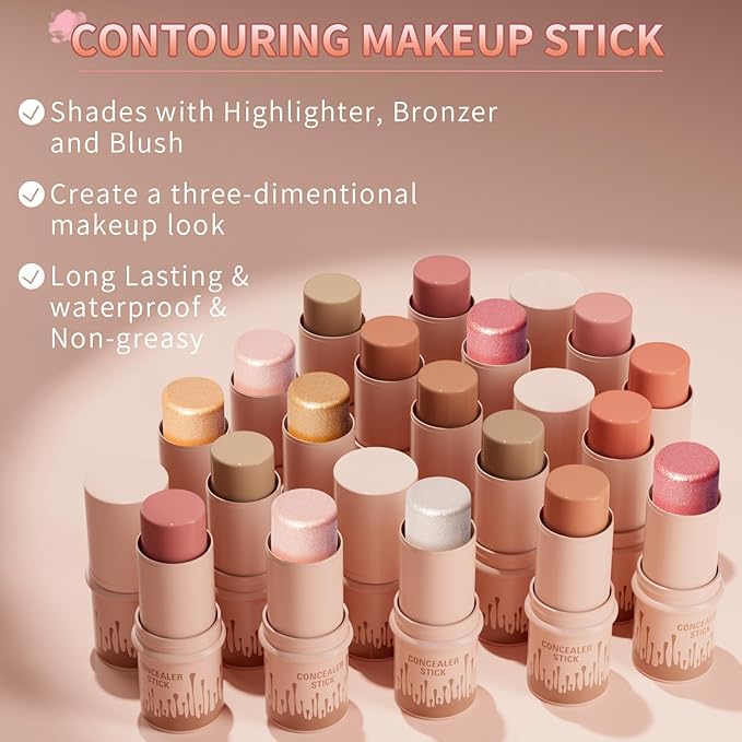 3Pcs Cream Contour Stick, with Highlighter Stick Milk Bronzer Stick Blush Stick, Face Contour Stick Highlighter Makeup with Makeup Brush and Sponge, Easy to Sculpt the Face, Long Lasting-VivaGrace Women