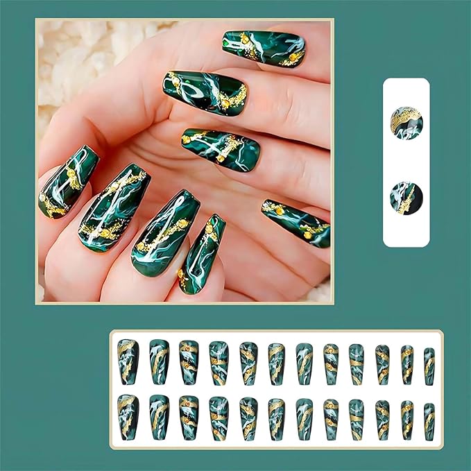 Medium Press-on Nails - Green Acrylic False Nails with Rhinestones & Glitter, Marble Pattern, Artificial Stick-on Nails for Women