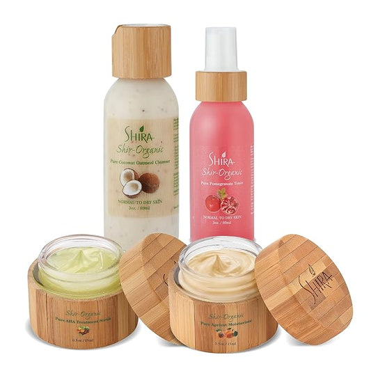 Shira Shir-Organic 4 pack for Normal to Dry Skin - Coconut Oatmeal Cleanser, Pomegranate Toner & Apricot Moisturizer & AHA Treatment Scrub-VivaGrace Women