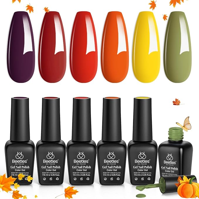 Beetles Fall Gel Polish Set, Burgundy Red Green Orange 6 Colors Gel Nail Polish Colors Sunset Leaves Soak Off Nail Art Lamp UV LED Cured Manicure Nail at Home Gifts for Women-VivaGrace Women
