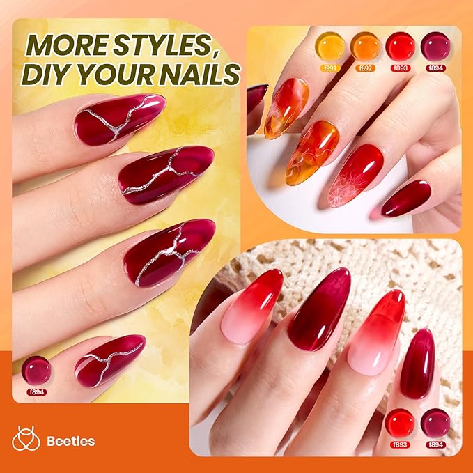 Beetles Jelly Gel Nail Polish Set - 6 Colors Yellow Orange Burgundy Red Purple Green Fall Gel Polish Kit Sheer Translucent Effect Soak off UV Nail Art Autumn Prism Series Manicure Gift for Women-VivaGrace Women