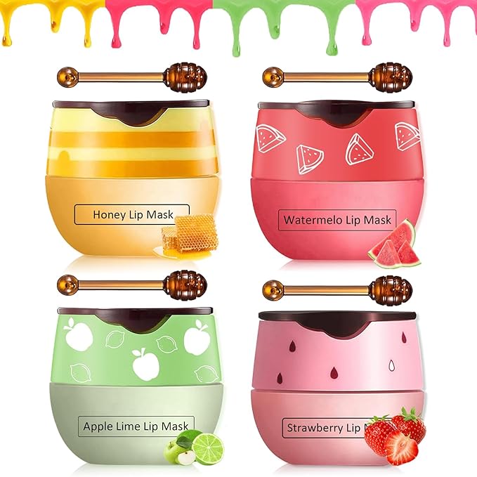 4PCS Bee Lip Balm Honey Pot, Honey & Strawberry & Watermelon&Apple Lime Lip Mask, Lip Balm for Dry Cracked Lips, Lip Scrubs Exfoliator & Moisturizer, Hydrating Lip Balm Honey Lip Balm-VivaGrace Women
